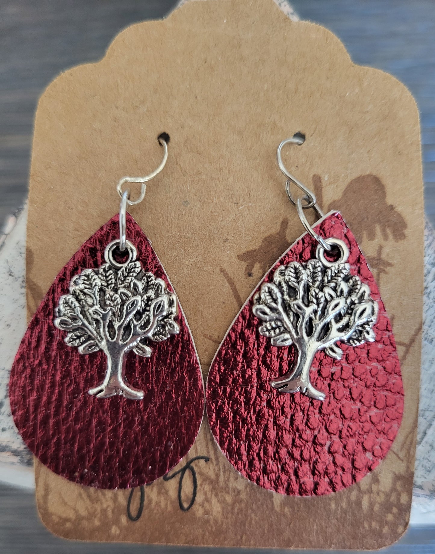 Tree of Life Earrings 4, Red Teardtop Layered with Sivertone Tree