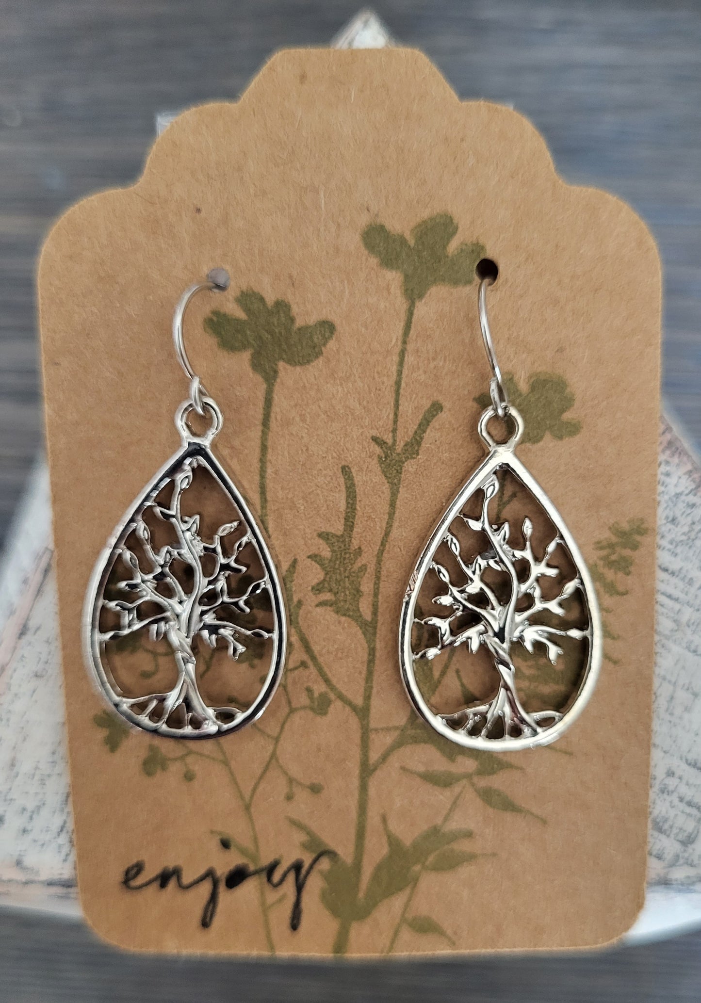 Tree of Life Earrings 1, Silvertone Tree  Teardrop