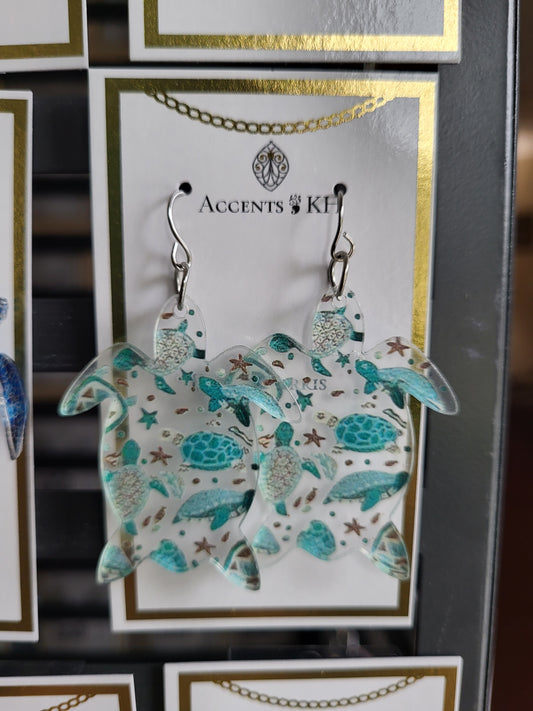 Beachcomber 3,  Turquoise Resin Turtle, Wire Earrings