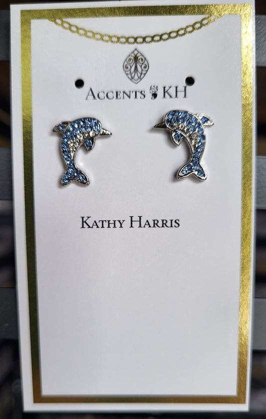 Beachcomber 13, Blue Rhinestone Dolphins, Silvertone, Stainless Steel Post Earrings