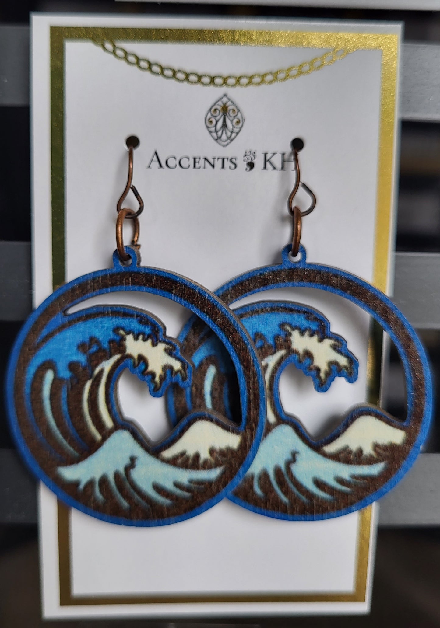 Beachcomber 9, Blue Wooden Wavy Water, Earwire Earrings