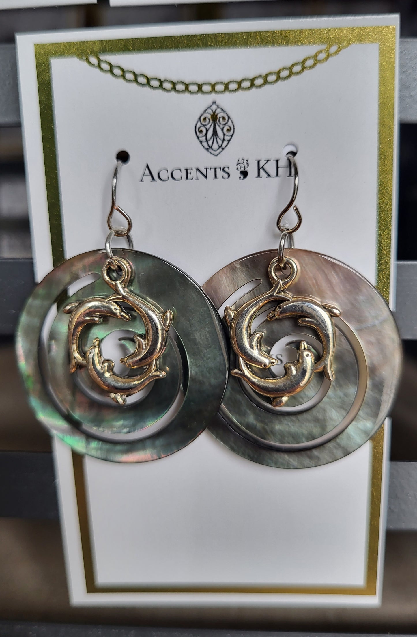 Beachcomber 14, Abalone + Dolphins, Silvertone, Stainless Steel Earwire Earrings