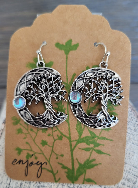 Tree of Life Earrings 2, Whimsical Tree with Opalesence Cabachon