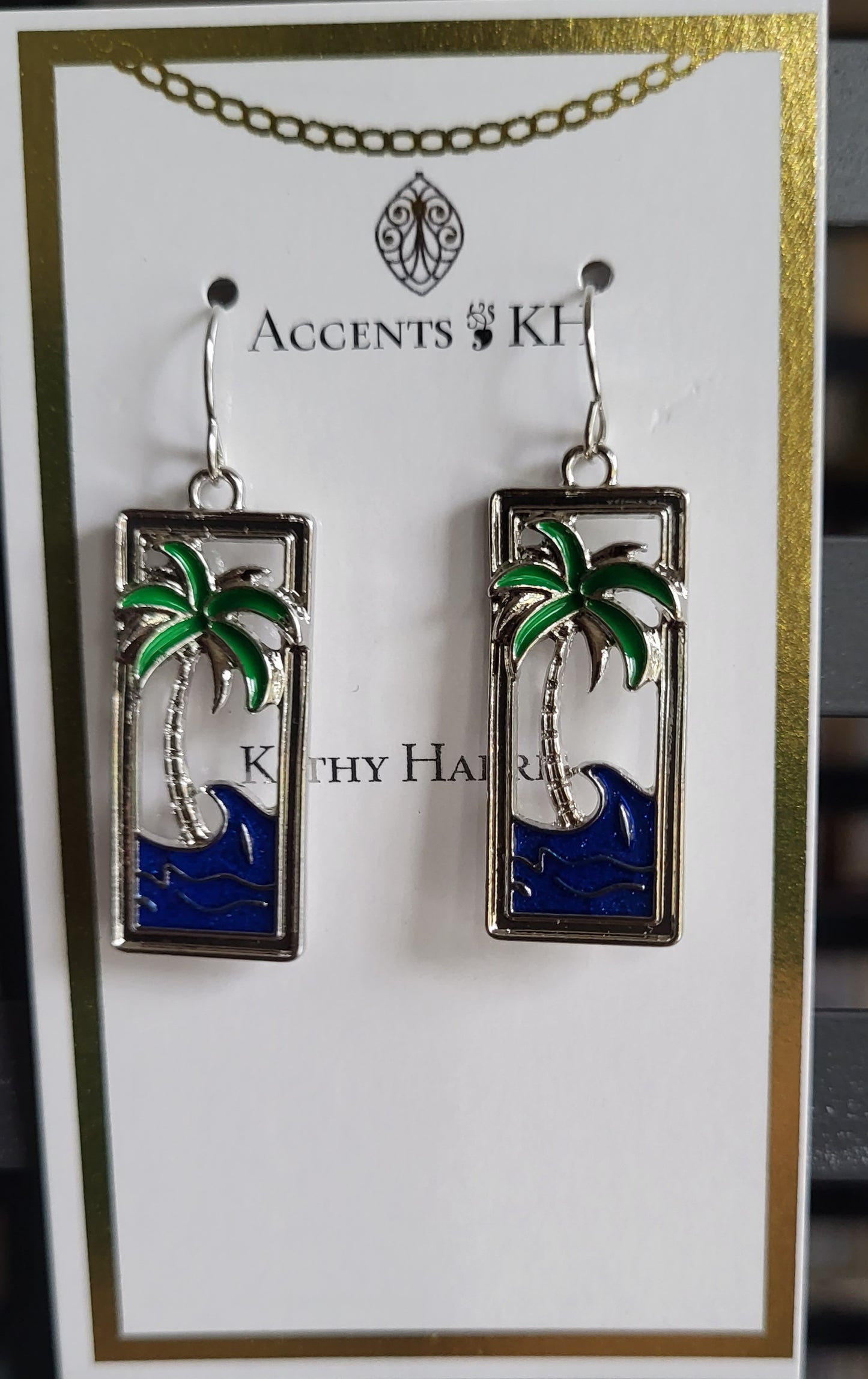 Beachcomber 12, Palm Tree and Wave, Silvertone, Stainless Steel Earwire Earrings