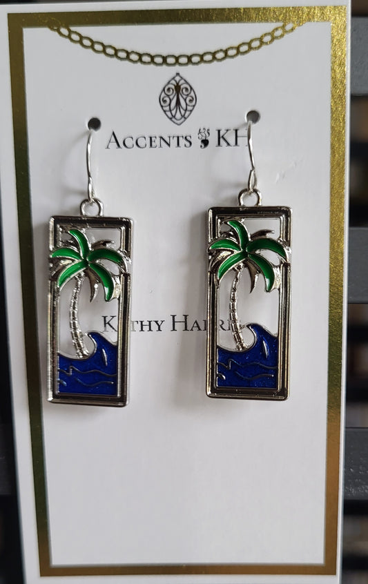 Beachcomber 12, Palm Tree and Wave, Silvertone, Stainless Steel Earwire Earrings