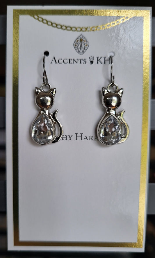 On the Farm 8, Silvertone & Rhinestone Cats, Stainless Steel Earwire Earrings